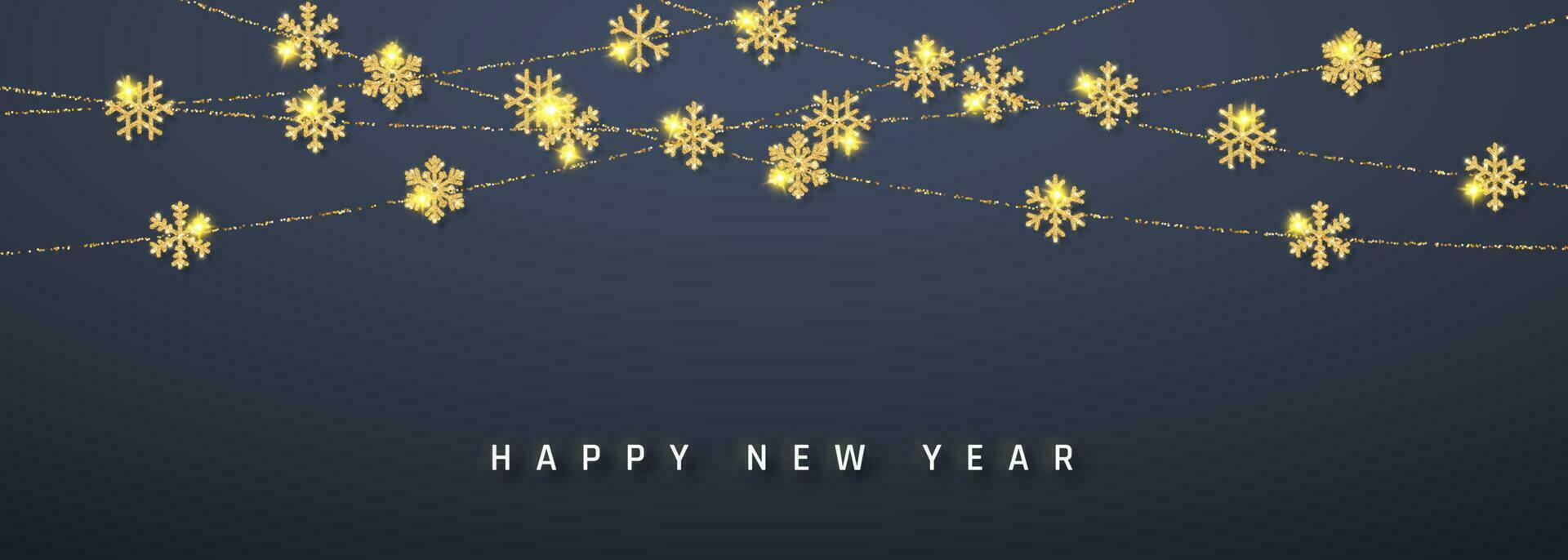 New Year shining glitter glowing golden snowflake decoration garland on dark background. Hanging glitter snowflake. Vector illustration