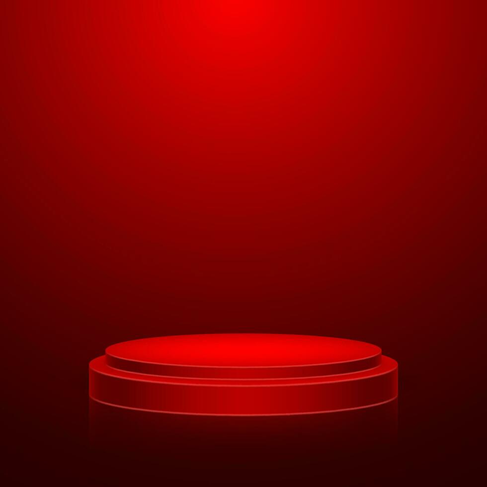 Round stage podium with light. Stage vector backdrop. Festive podium scene with red carpet for award ceremony. Vector illustration