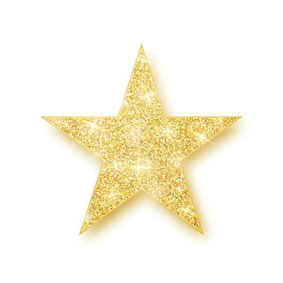 Gold shiny glitter glowing star with shadow isolated on white background. Vector illustration