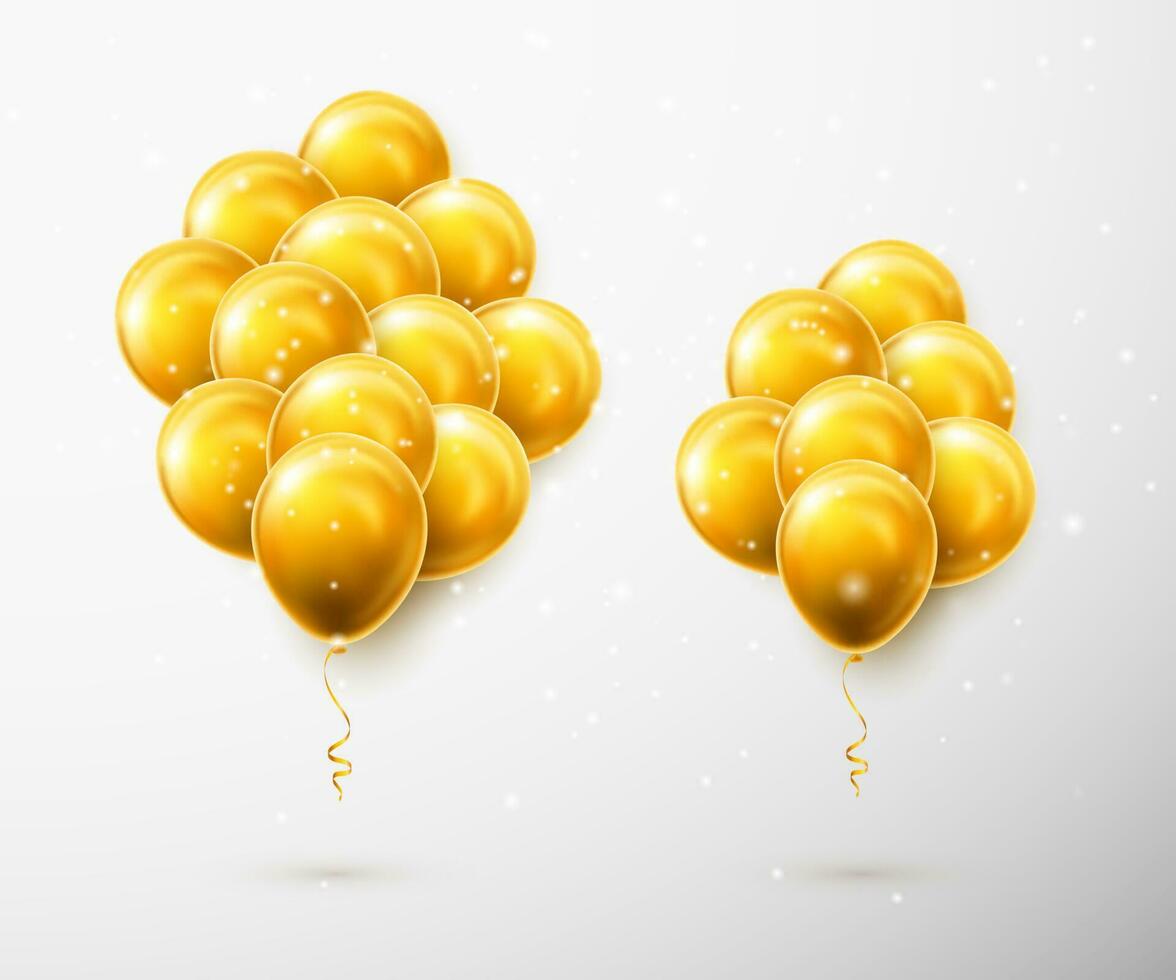 Flying bunch of golden balloon with shadow. Shine helium balloon for wedding, Birthday, parties. Festival decoration. Vector illustration