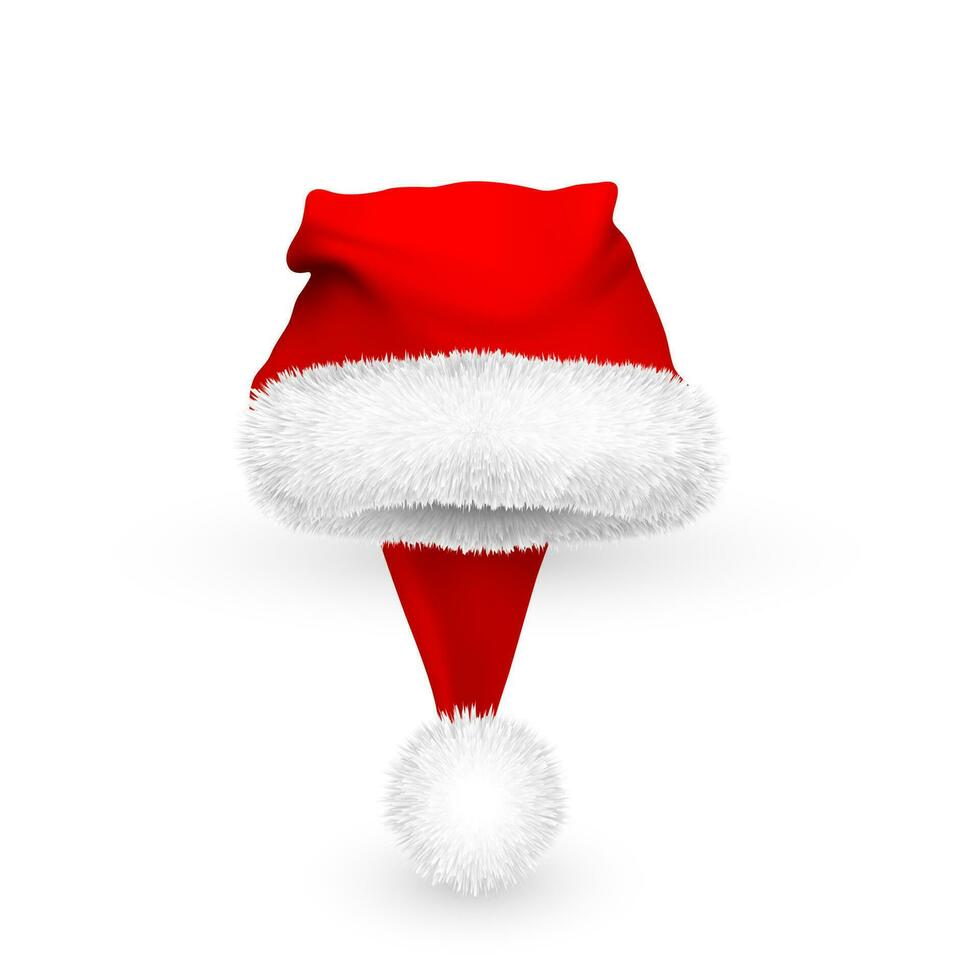 Realistic Red Santa Claus hat isolated on white background. Gradient mesh Santa Claus cap with fur. Vector illustration