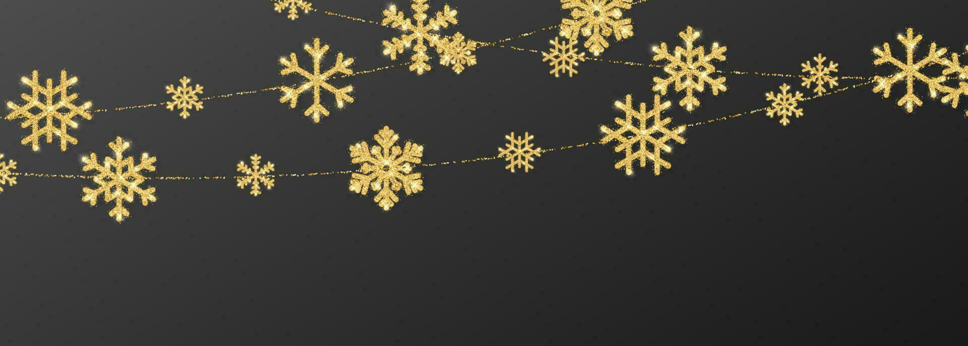 Navidad o nuevo año dorado copo de nieve decoración guirnalda en negro antecedentes. colgando Brillantina copo de nieve. vector ilustración