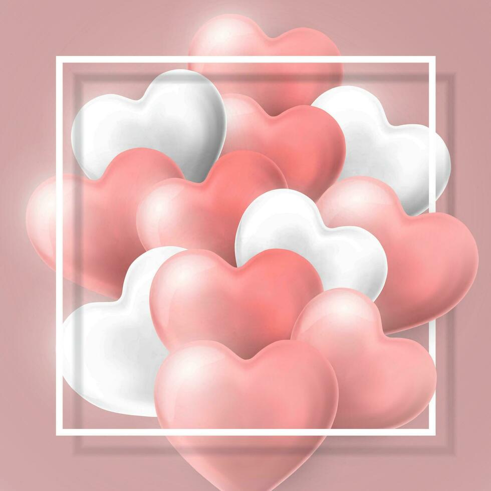 Happy Valentines Day background, flying bunch of pink and white helium balloon in form of heart with frame. Vector illustration