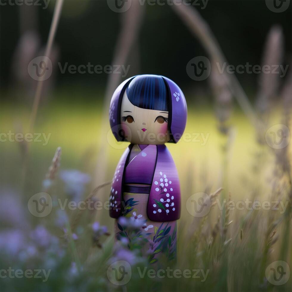 A doll with blue hair and a purple dress Generated photo