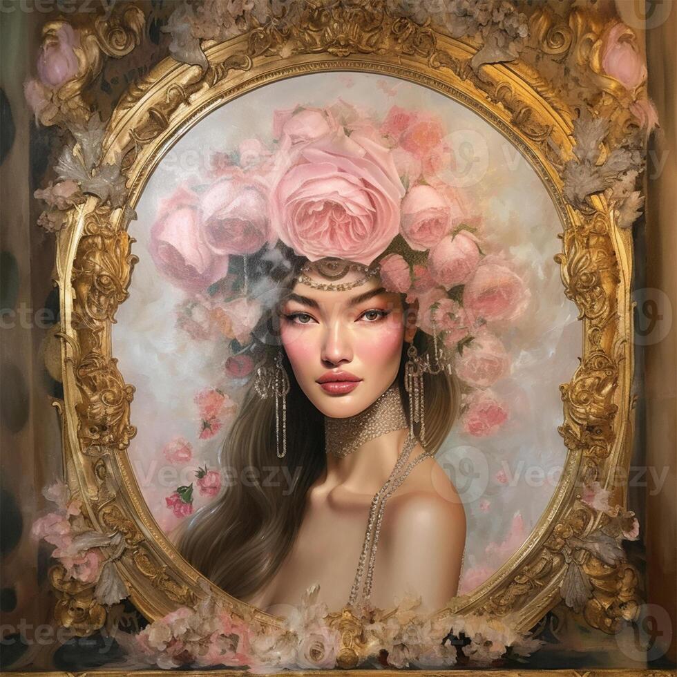 A painting of a woman with flowers Generated photo
