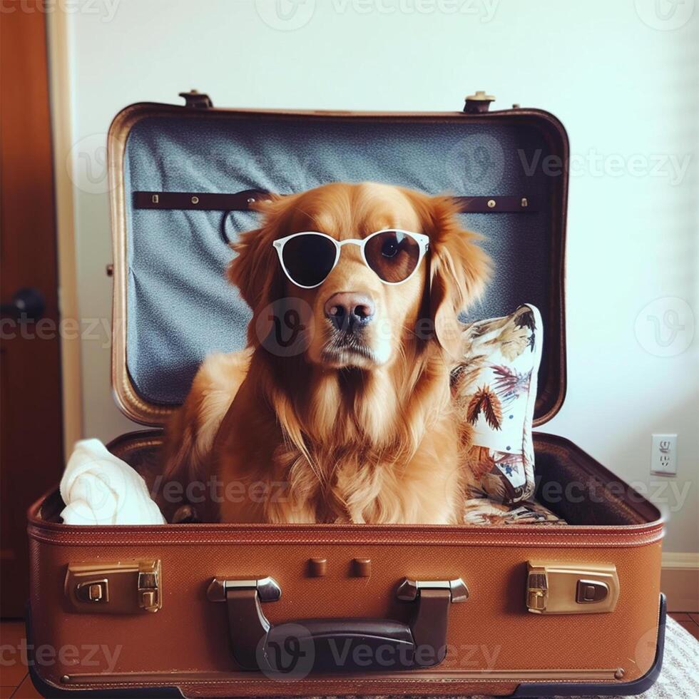un perro es sentado en un maleta con Gafas de sol generativo ai generado foto