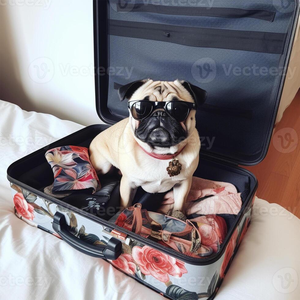 A pug dog is sitting in a suitcase Generated photo