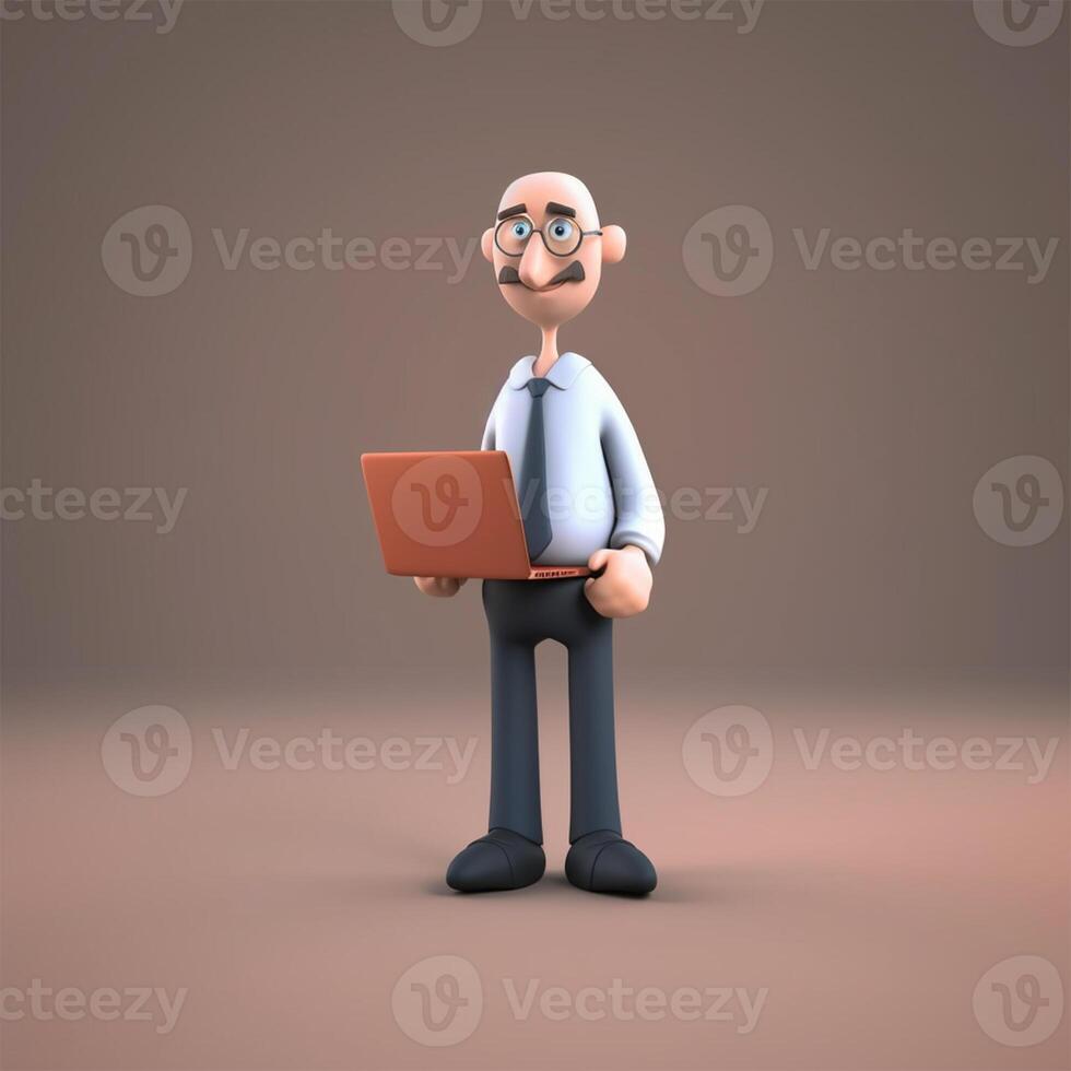A man with a mustache is holding a laptop Generated photo