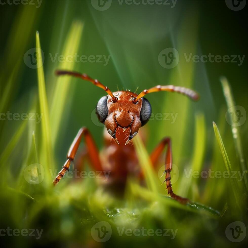 A red ant with black and white eyes Generated photo