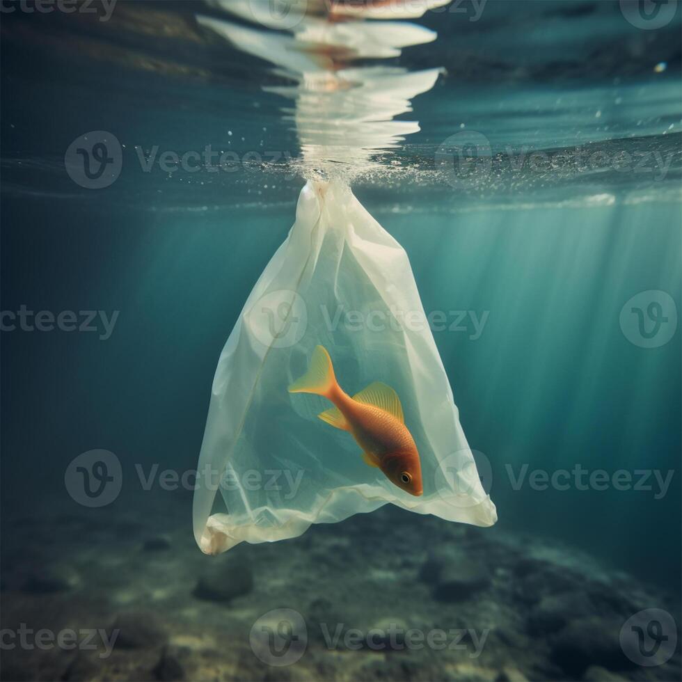 un pescado es nadando en un el plastico bolso generativo ai generado foto