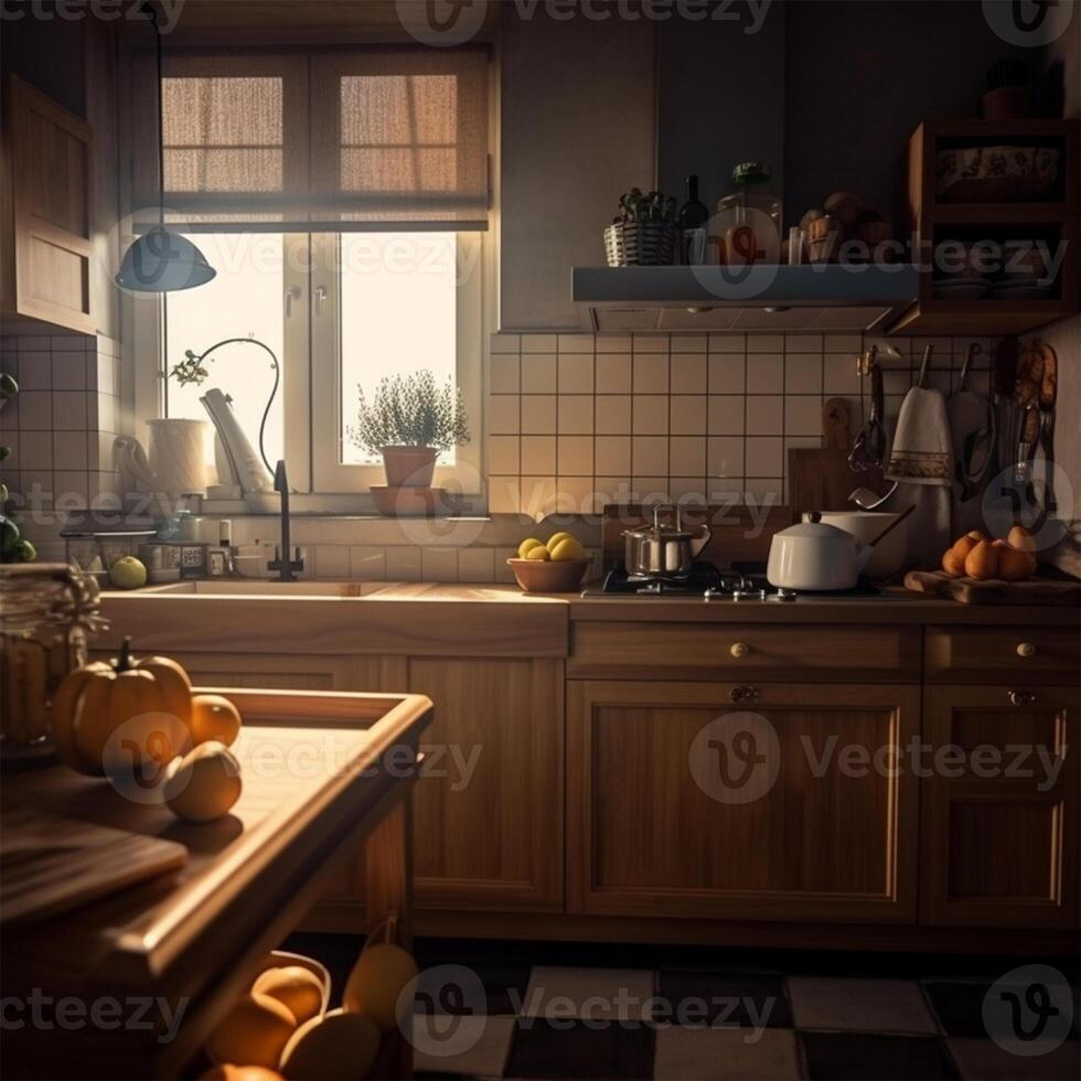 un cocina con un microondas y un estufa con ollas generativo ai generado foto