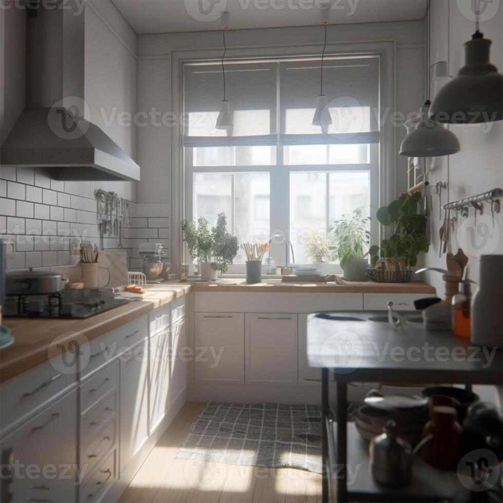 A kitchen with a large window Generated photo