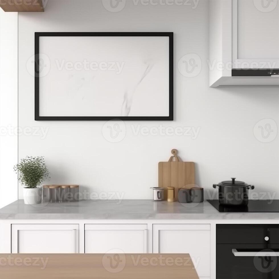 A kitchen with a white wall Generated photo