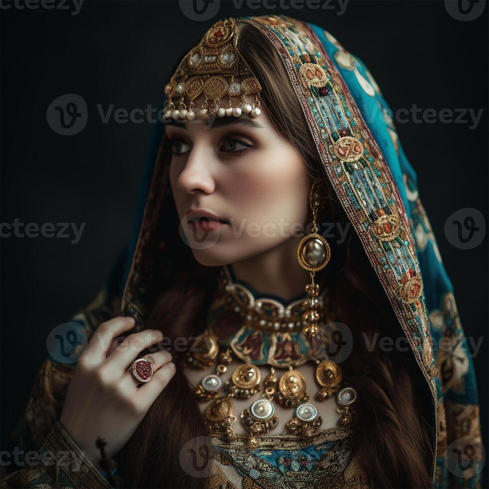 A woman in a blue dress with gold jewelry Generated photo