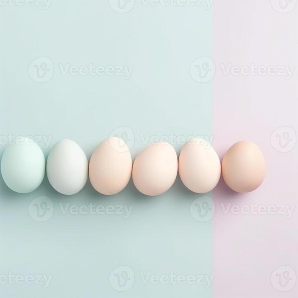 A row of eggs on a pastel blue and pink background Generated photo