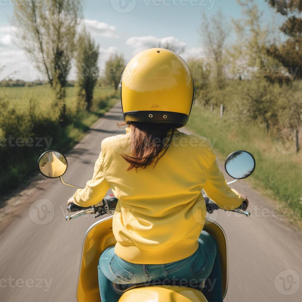 un mujer es montando un amarillo motocicleta generativo ai generado foto
