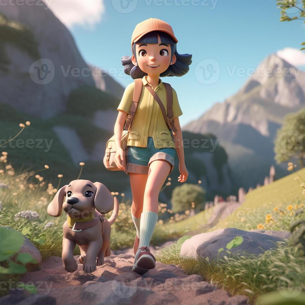 un niña caminando un perro en un campo con montañas. generativo ai generado foto