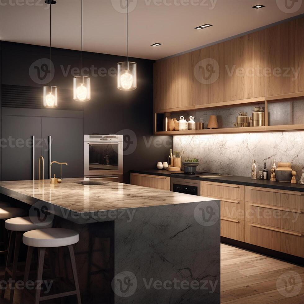 A kitchen with a large island with a light hanging from the ceiling Generated photo