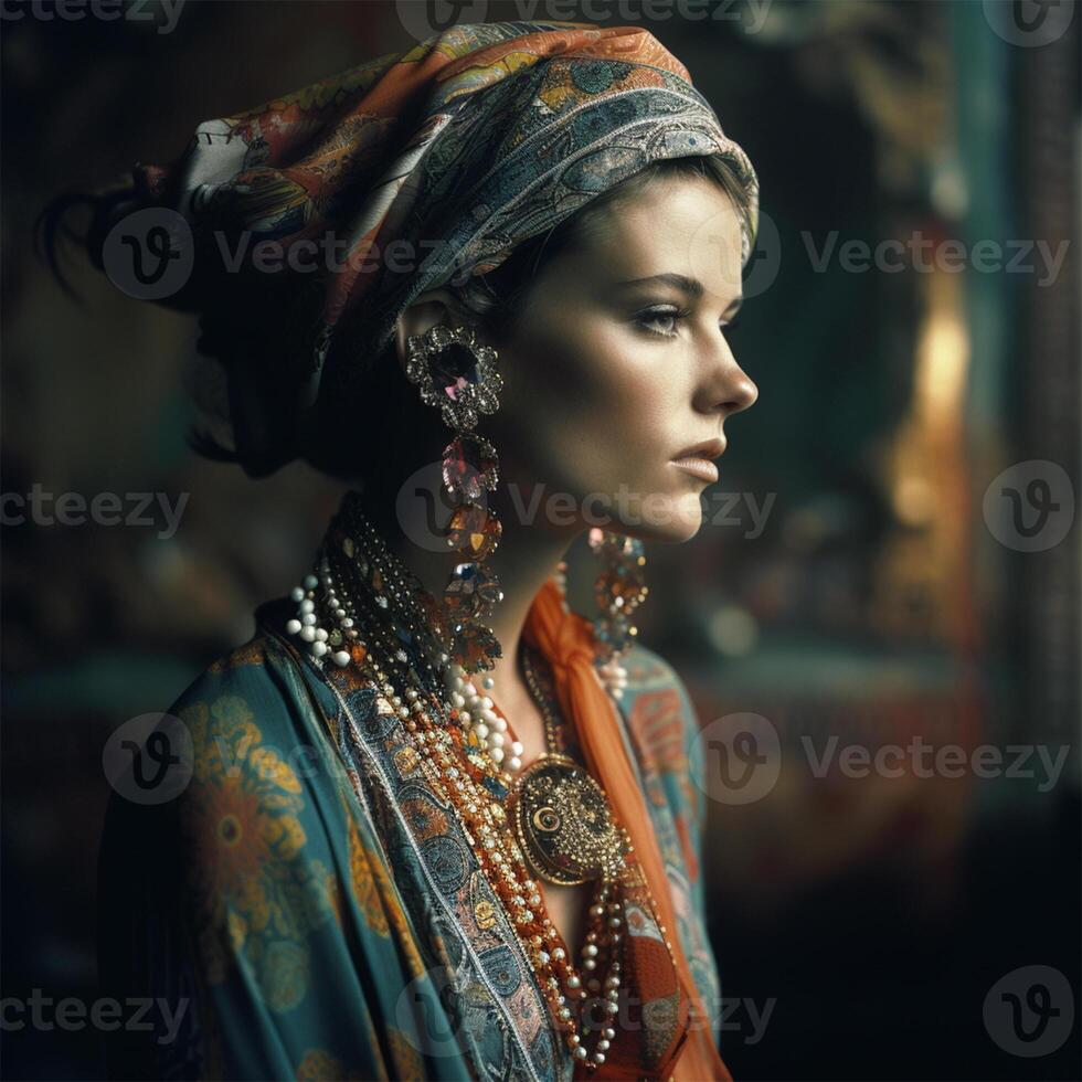 A woman with a scarf and earrings Generated photo