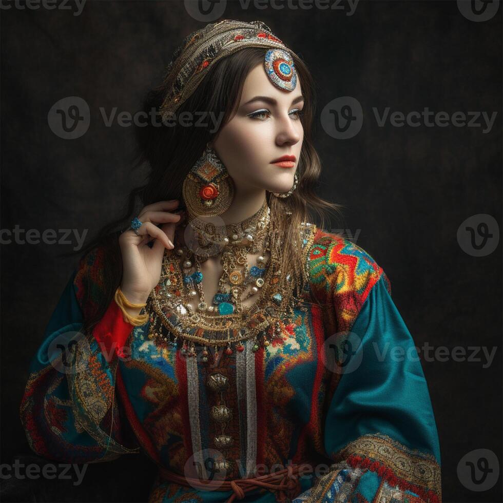 A woman wearing a colorful dress with a necklace and earrings Generated photo