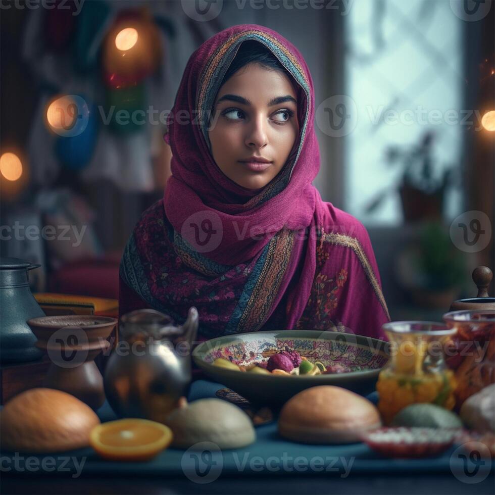 A woman sits at a table with a table full of food Generated photo