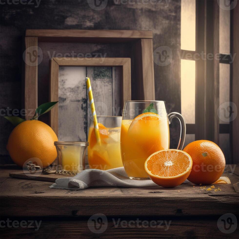An orange and a glass of orange juice Generated photo