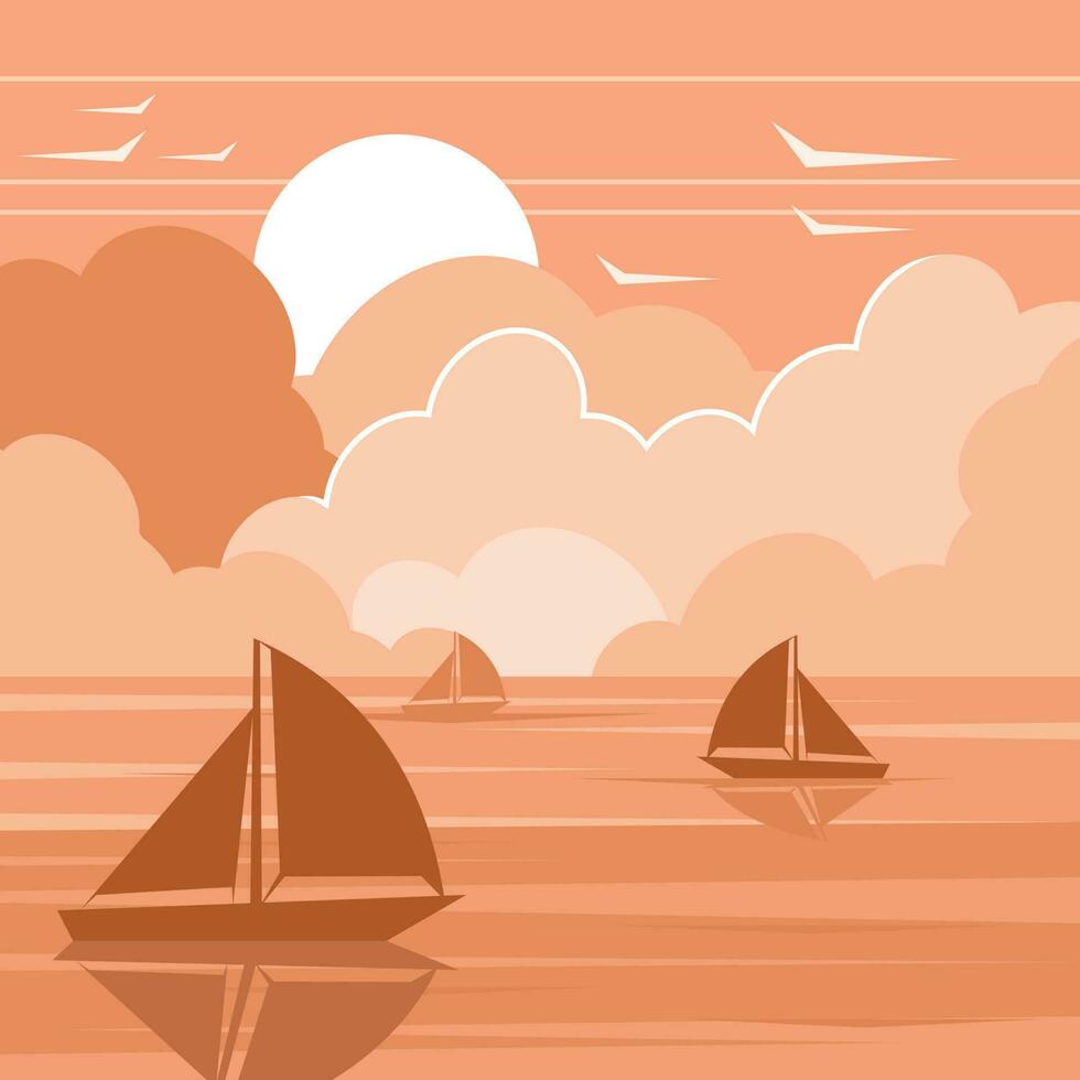 Yachts In The Sunset, Isolated Background. vector