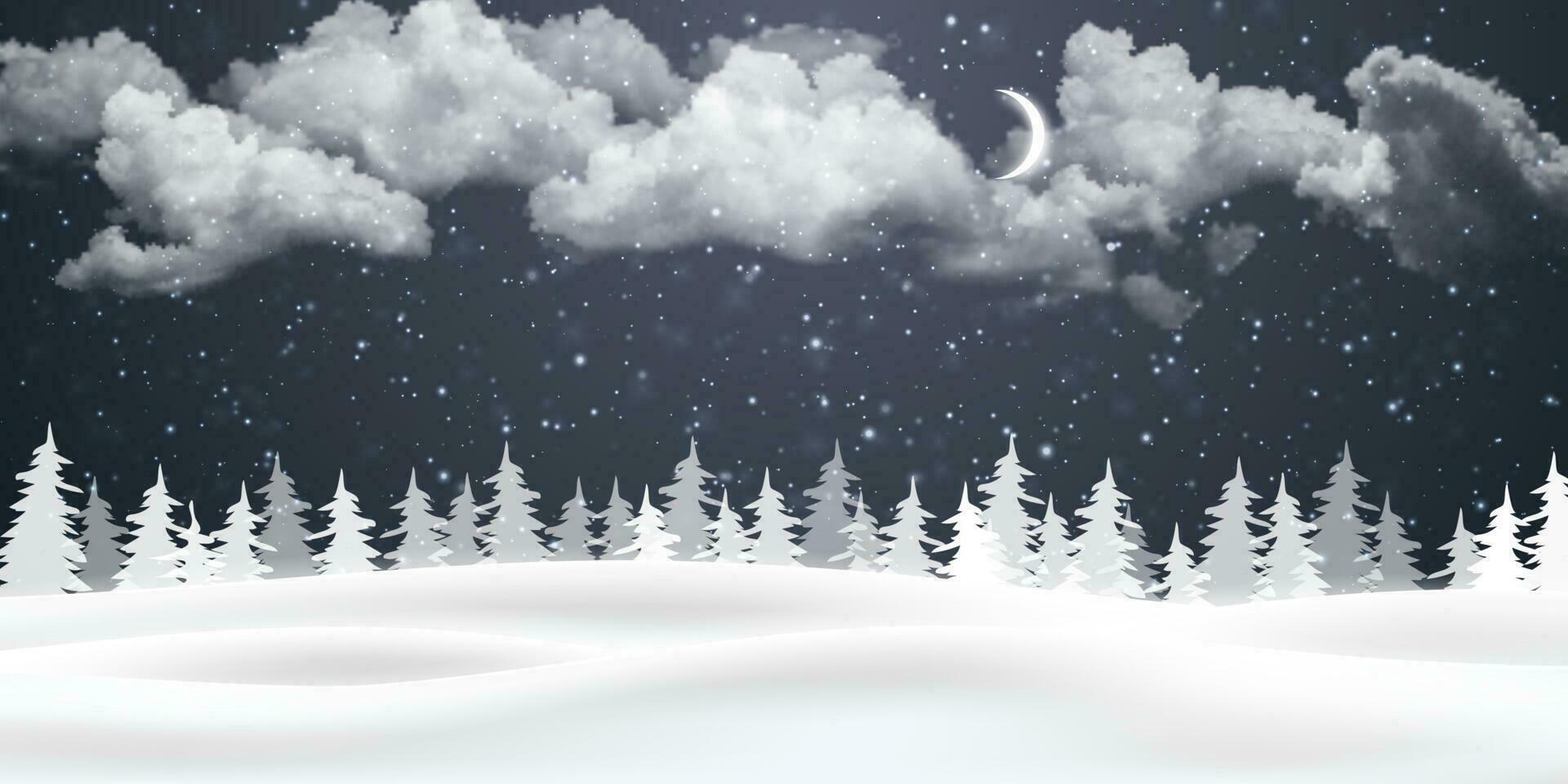 Christmas night background with clouds, moon and falling snow. Winter landscape. Vector illustration