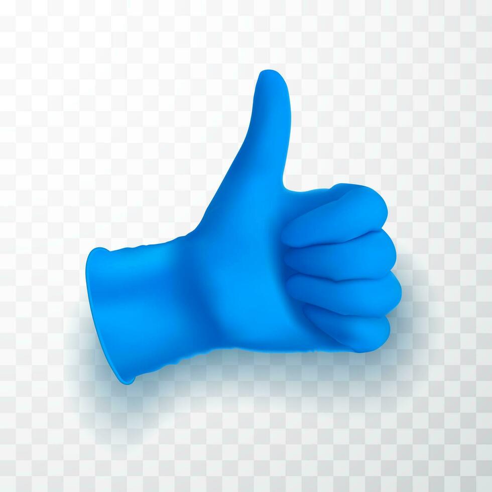 Ok, okay sing. Realistic medical latex glove. Details blue 3d medical glove. Vector illustration