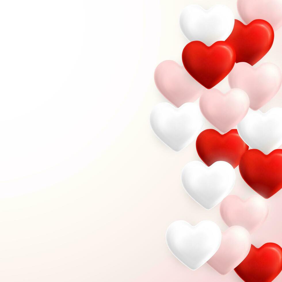 Happy Valentines Day background, flying red, pink and white helium balloon in form of heart. Vector illustration