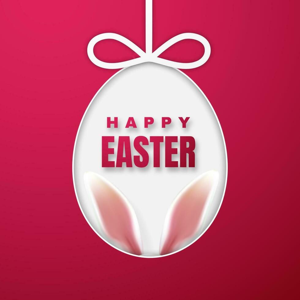Happy Easter Greeting Card with Easter Bunny. Color Paper Easter Egg on Pink Background. Vector illustration