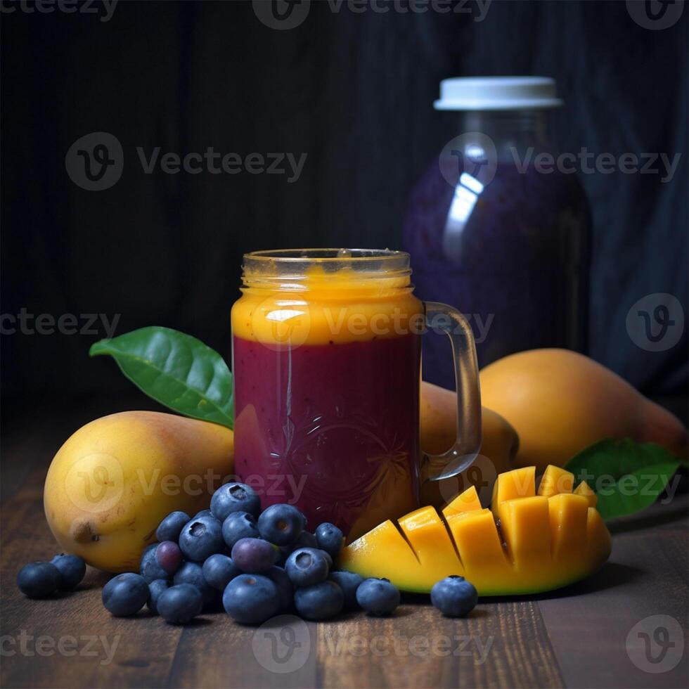 A glass of mango juice with blueberries and mangoes Generated photo