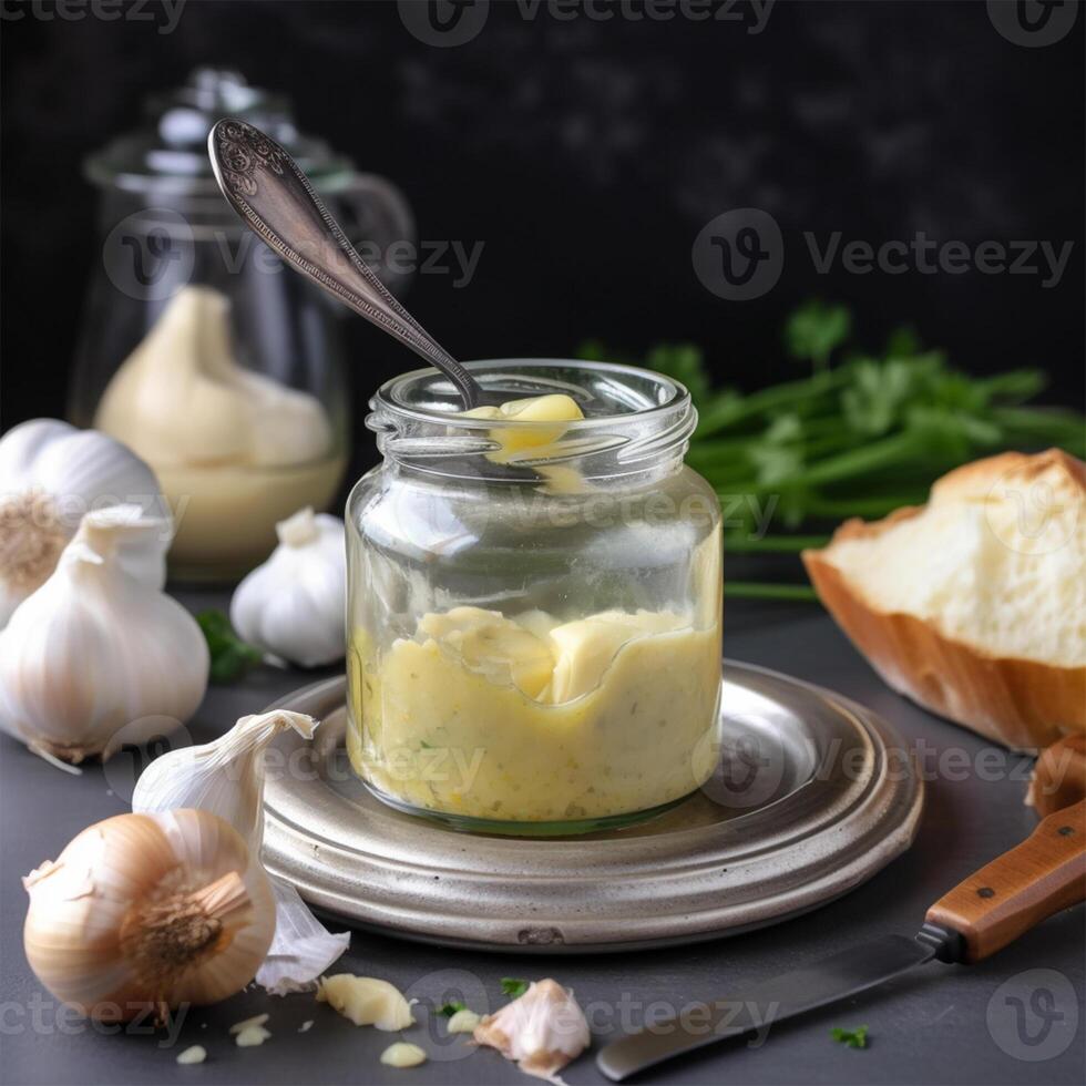 A jar of garlic butter with a spoon Generated photo