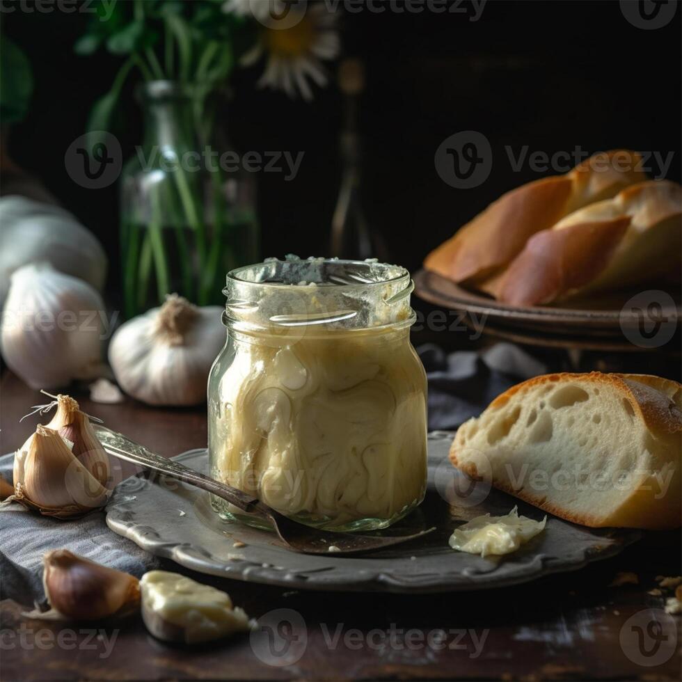 A jar of garlic butter sits on a table Generated photo