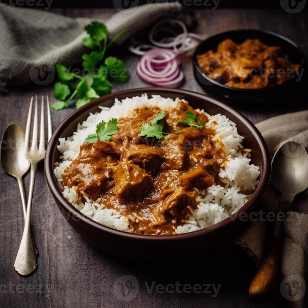 A bowl of beef curry with rice Generated photo