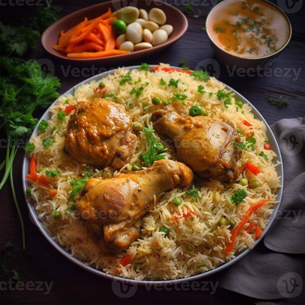 A plate of chicken biryani with rice Generated photo