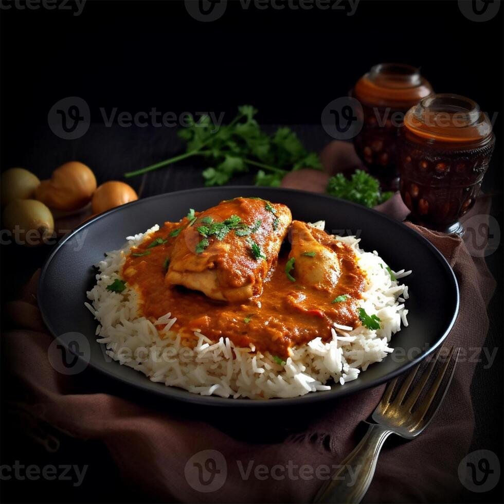 A bowl of chicken curry with rice and lemons Generated photo