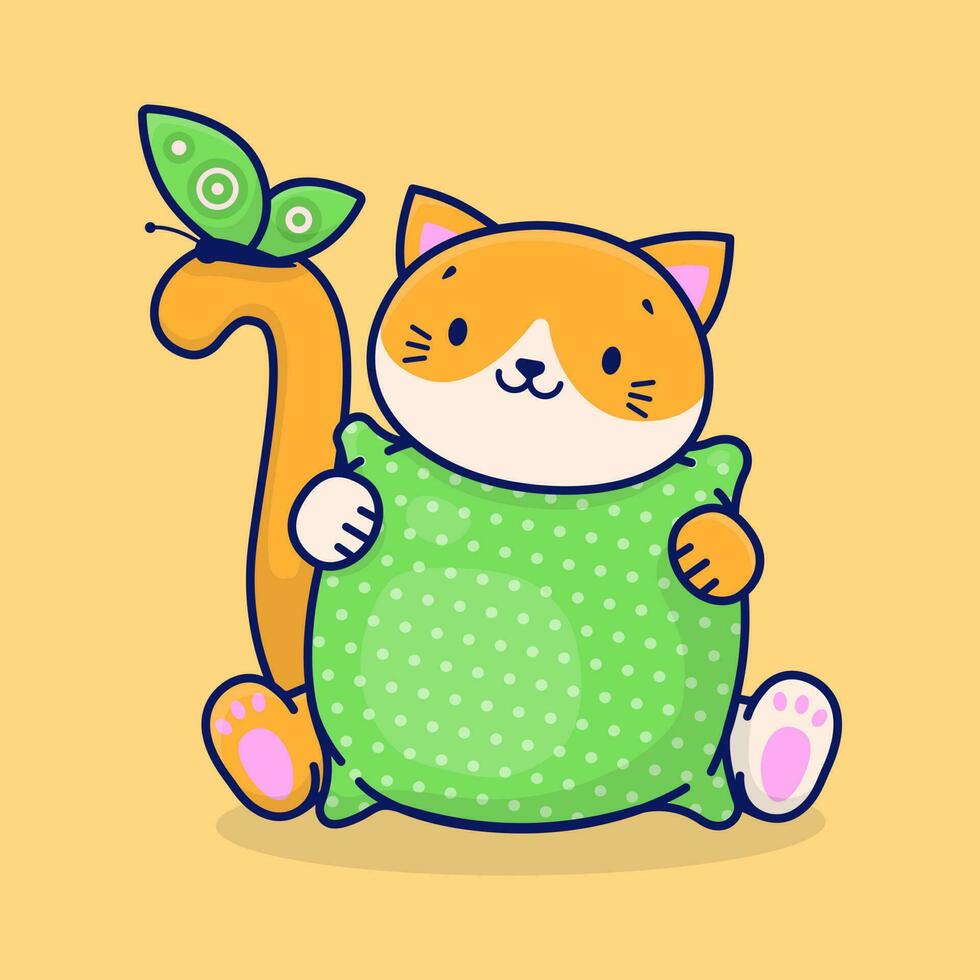 A cute cartoon ginger cat holds a green pillow in its paws. Cat and butterfly. Vector illustration.