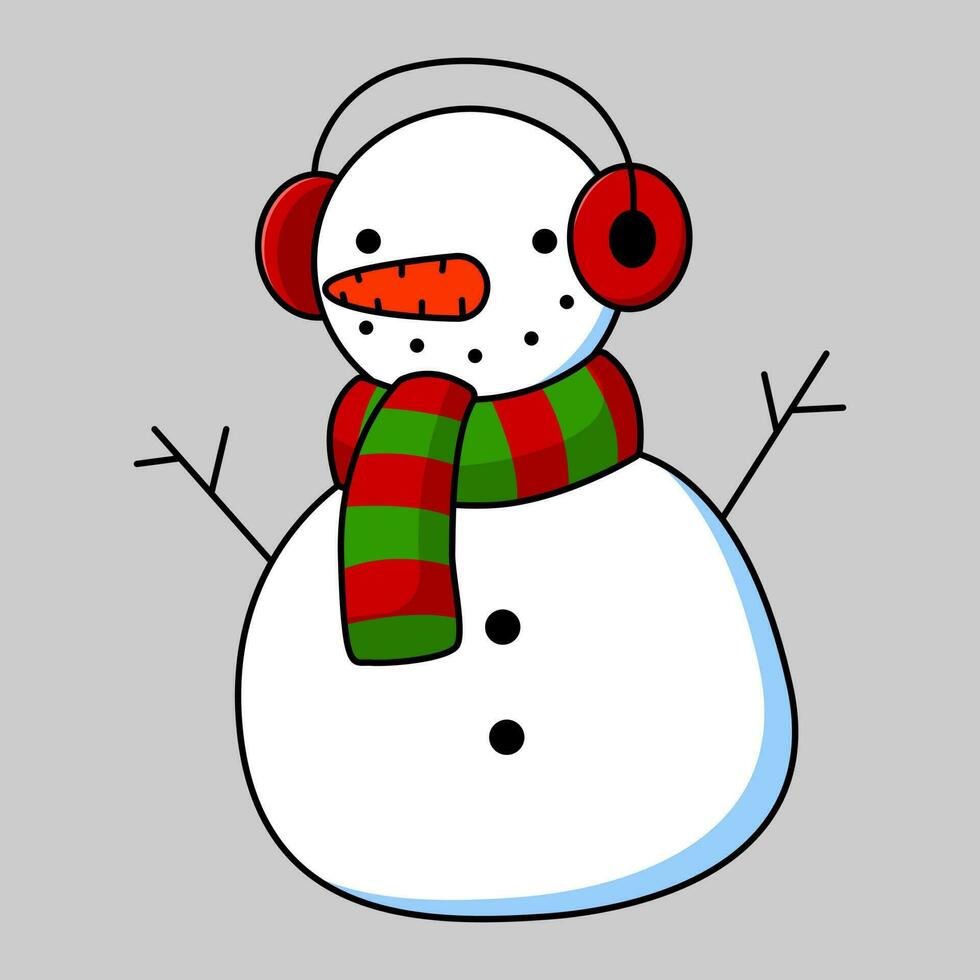 Flat cartoon image of a snowman wearing a striped red-green scarf and red headphones. Vector illustration.