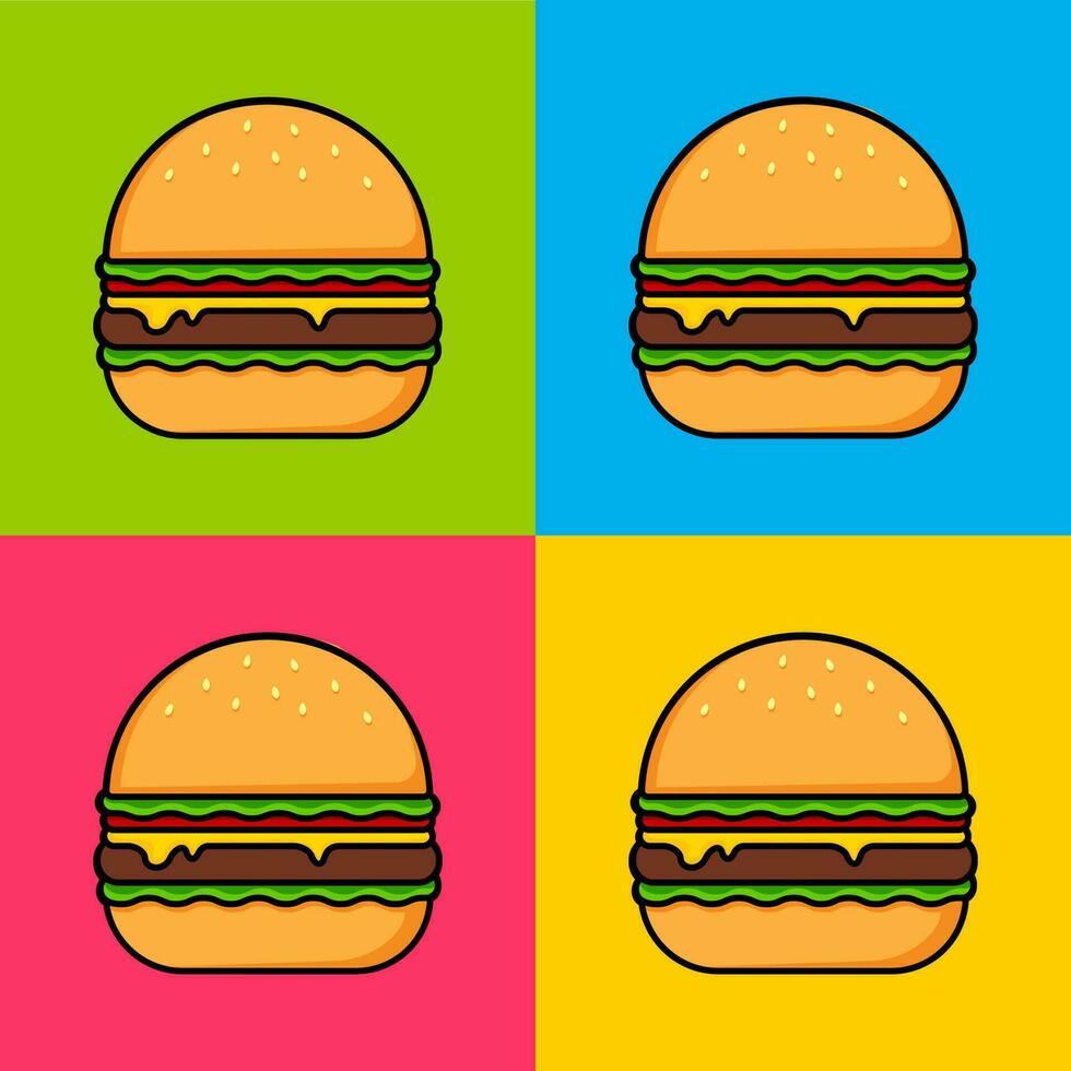 Burger on a colorful background. Pop art poster. Vector simple illustration.