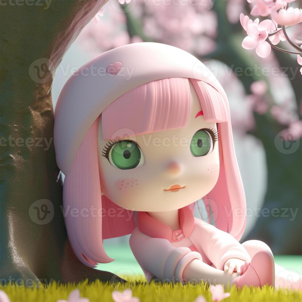 A girl with green eyes sits in a field of flowers Generated photo