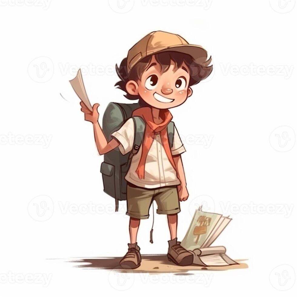 un chico con un mochila y un papel generativo ai generado foto