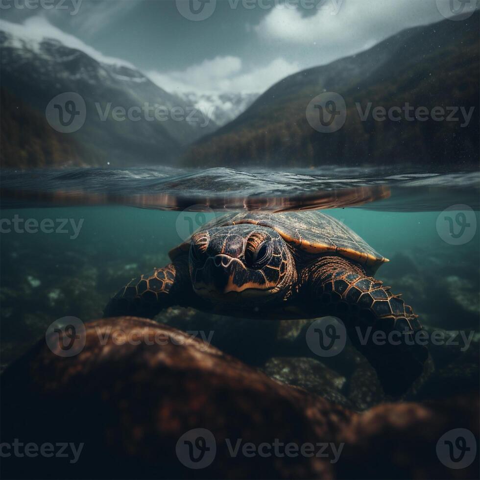 A turtle swimming under a mountain Generated photo