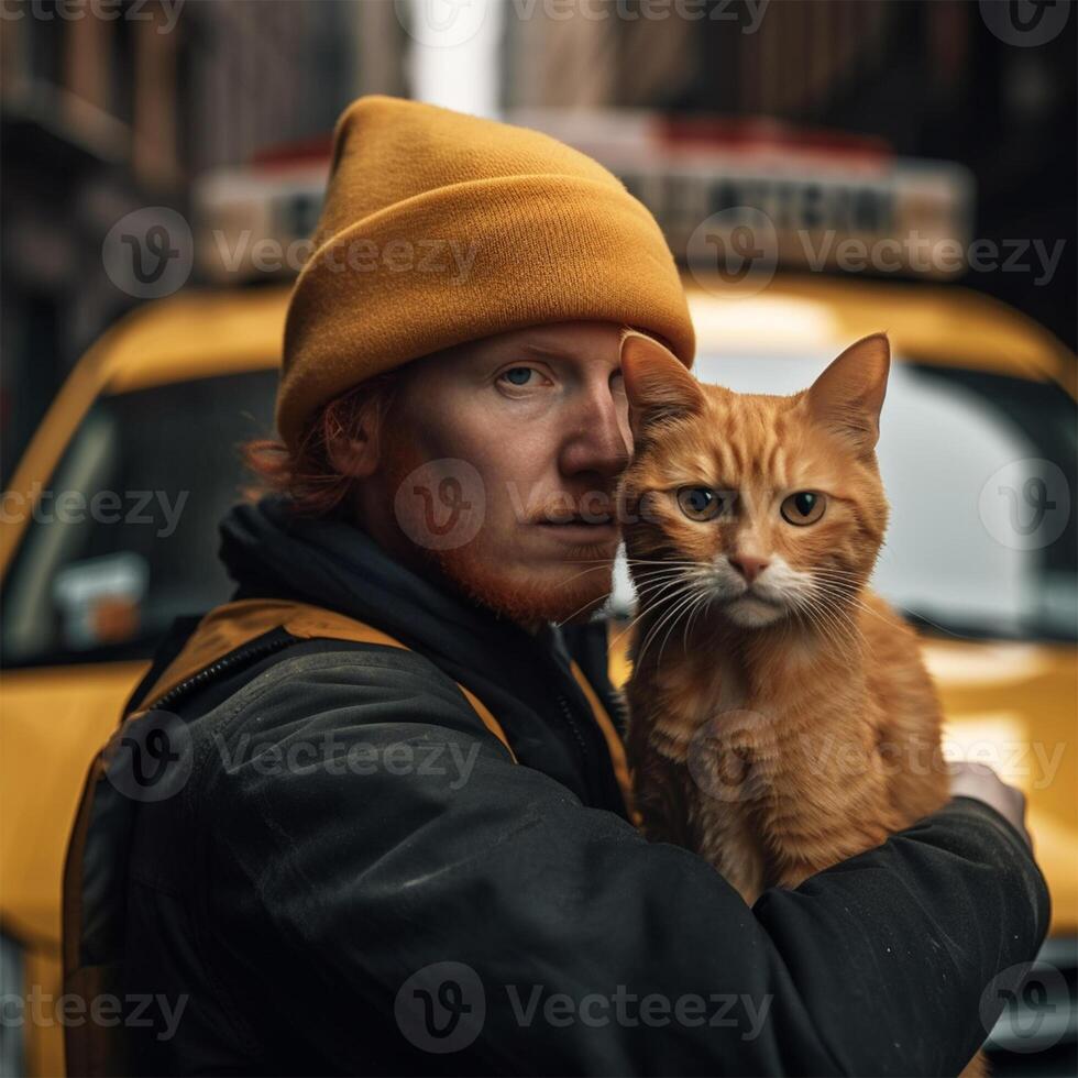 A man holding a cat in front of a taxi Generated photo