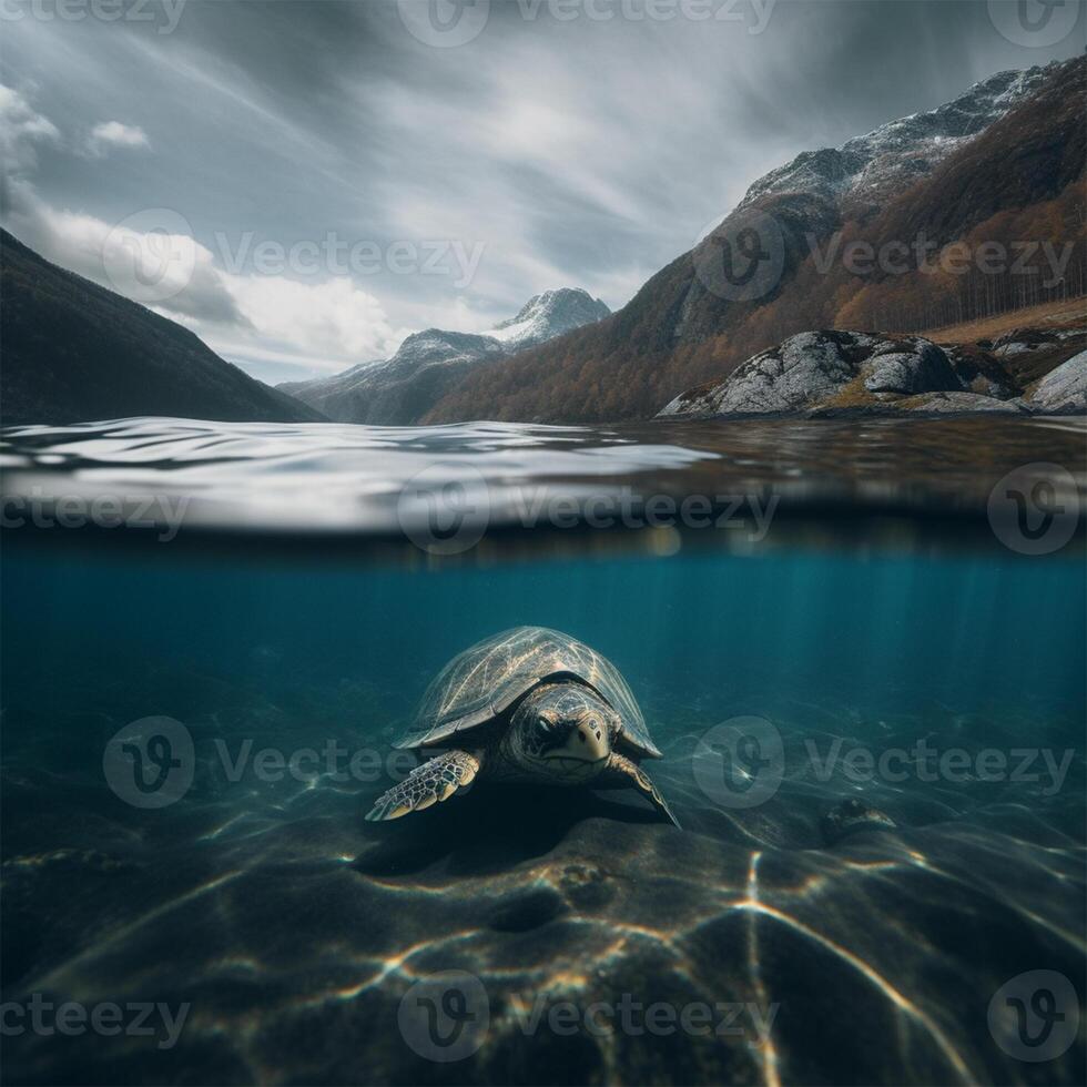 A turtle is swimming under water Generated photo