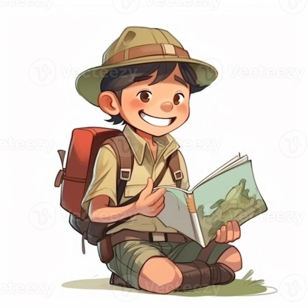 A boy in a safari hat Generated photo