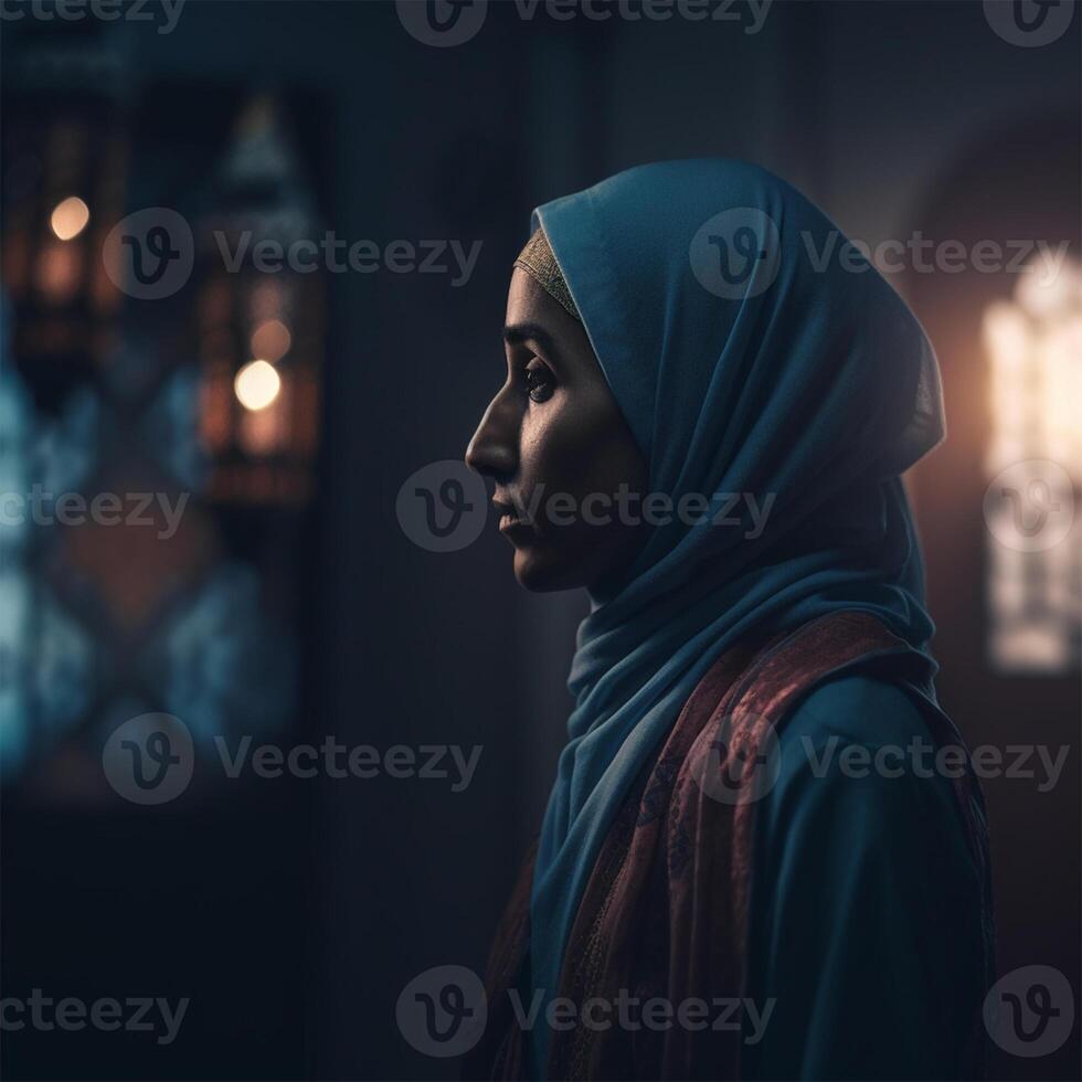 A woman is standing in a dark room Generated photo
