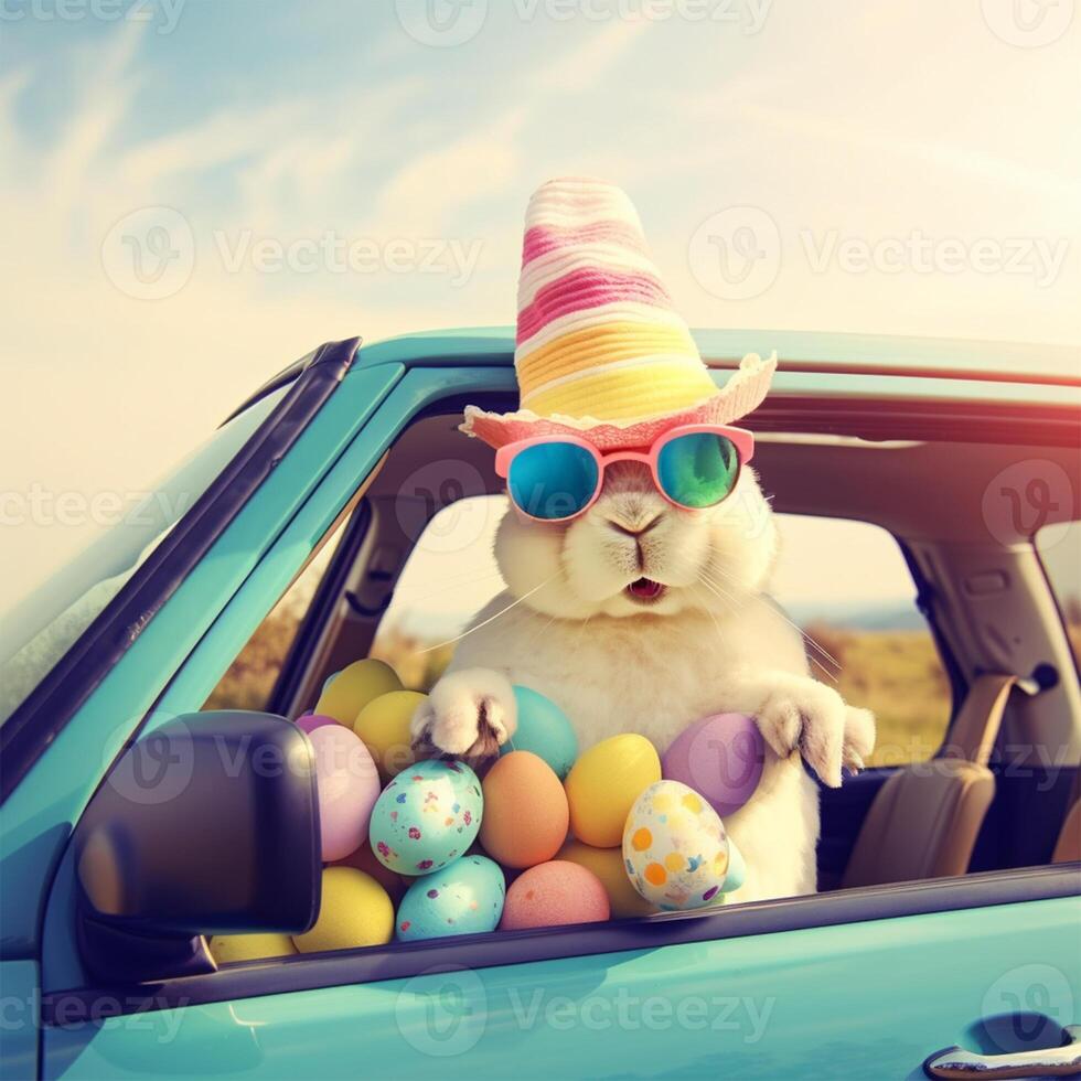 A bunny wearing a hat and sunglasses Generated photo