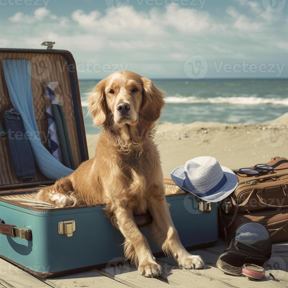 A dog sits in a suitcase with a hat Generated photo