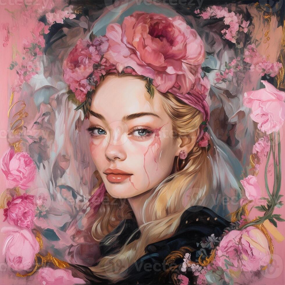A painting of a woman with flowers Generated photo